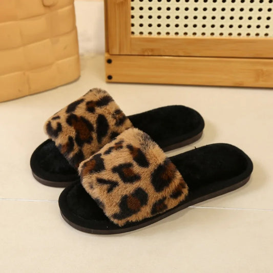 Hot Sale Leopard Living Room Shoes Women's Fur Flip Flops Home Plush Slippers Fashion Autumn Winter Indoor Warm EVA Anti Slip