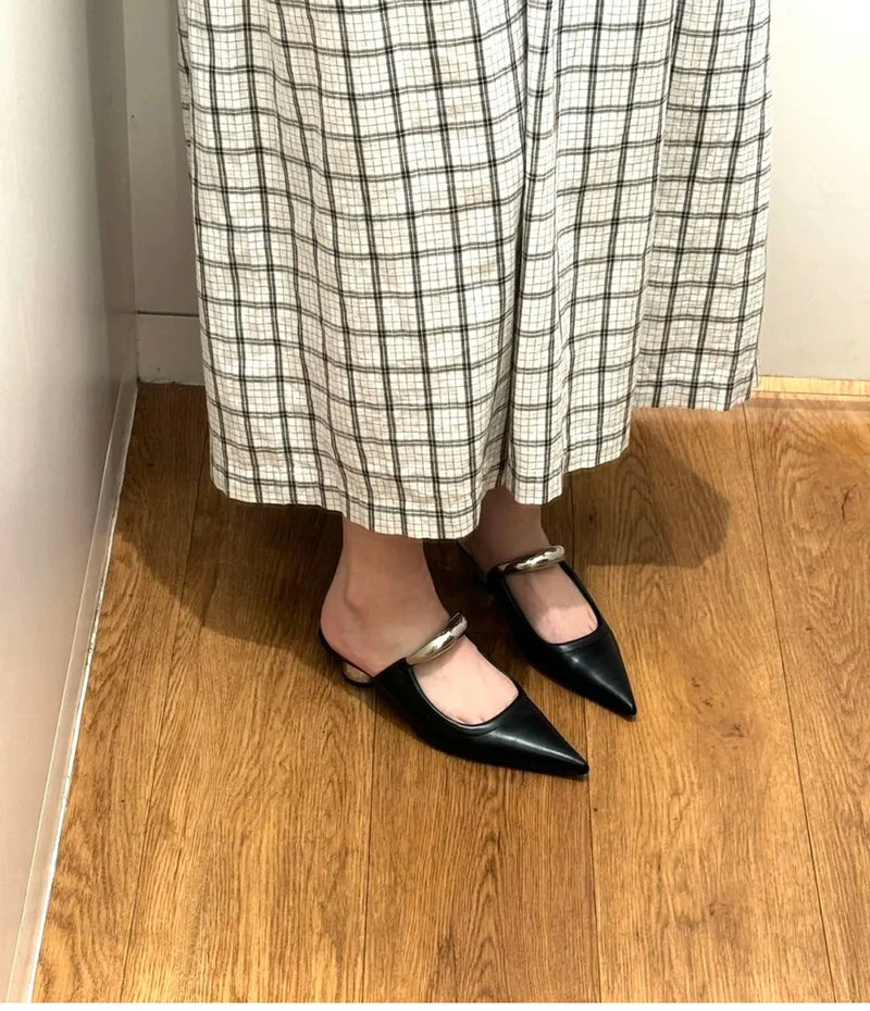 Thick Heel Women Mules Slippers Shoes Fashion Shallow Metal Decoration Slides Spring Autumn Outdoor Party Dress Shoes