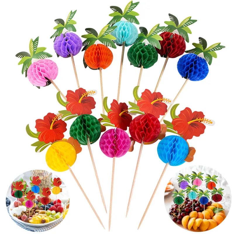 20/40Pcs Pink Flamingo Aloha Cake Toppers Food Fruit Picks Summer Hawaii Pineapple Cupcake Toppers For Wedding Party Cake Decor