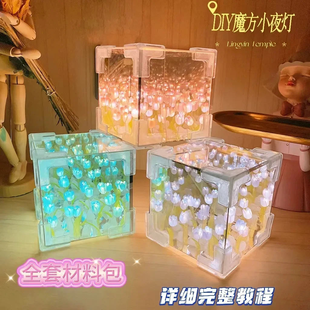 1pc Creative Diy Tulip Flower Sea Cube Three-Dimensional Small Night Lamp Material Package for Girlfriend Couple Girlfriend Gift