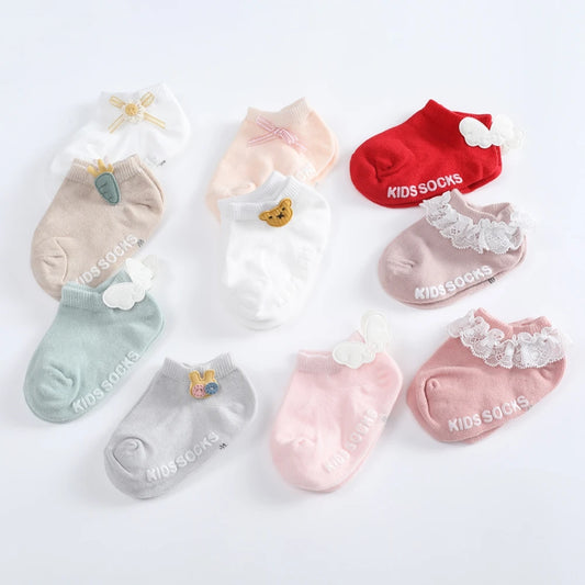 3PCS Spring Summer Baby Socks Solid Color Infant Baby Floor Socks for Boys Girls Bow Lace Cotton Anti-slip Boat Sock 0-5Years