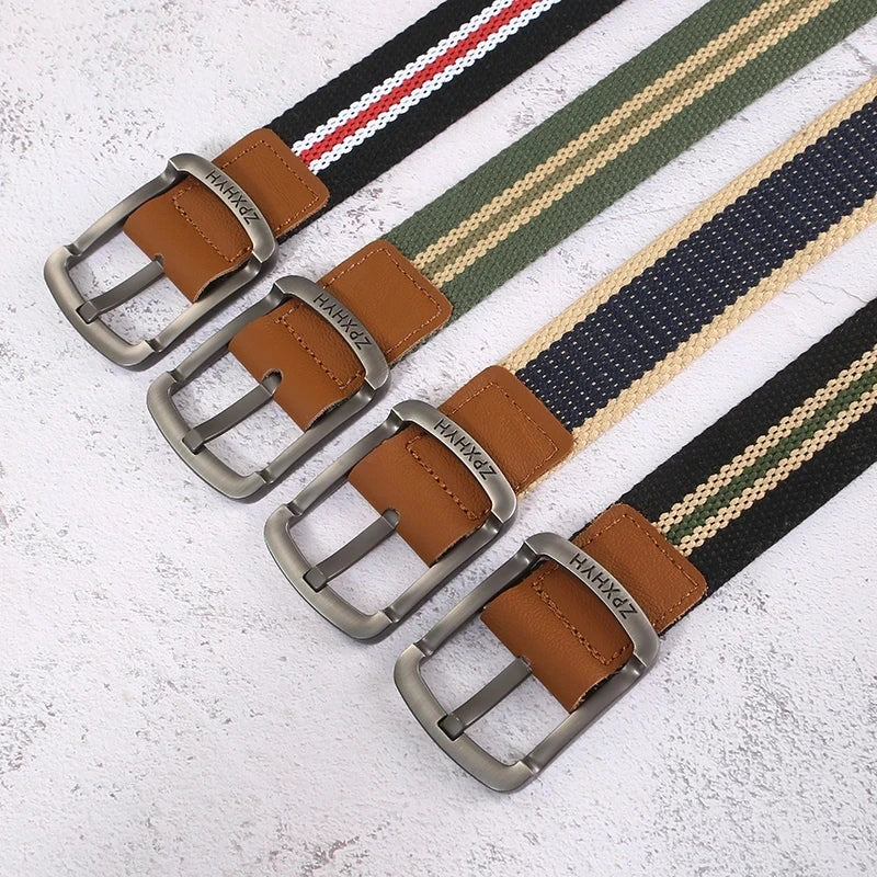 3.5cm Outdoor Canvas Men's Belt Solid Color Black and Red Striped Woven Alloy Pin Buckle Sports Overalls Belt for Men Wholesale