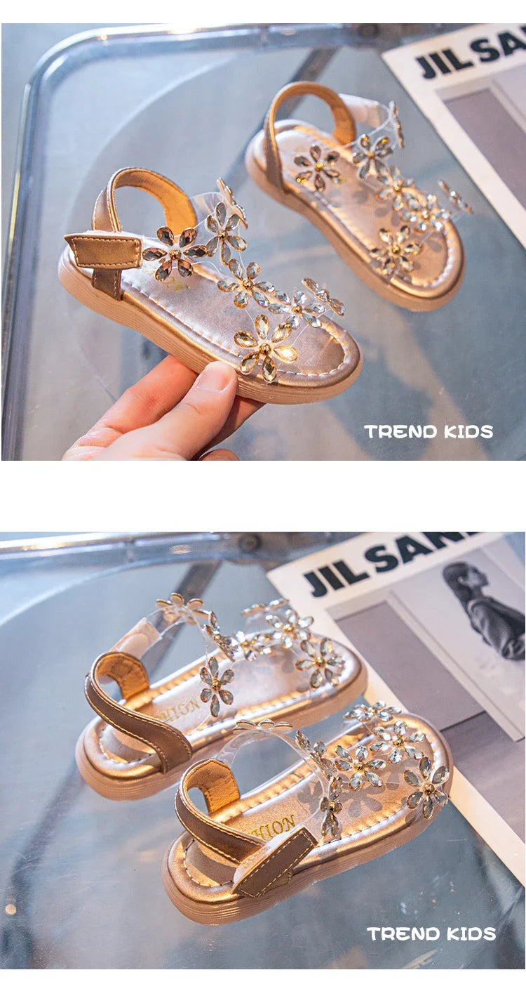 2024 Summer Girls Sandals Flower Crystal Princess Shoes Kids Fashion Rhinestone Beach Shoes Children Anti-slip Ankle Strap Shoes