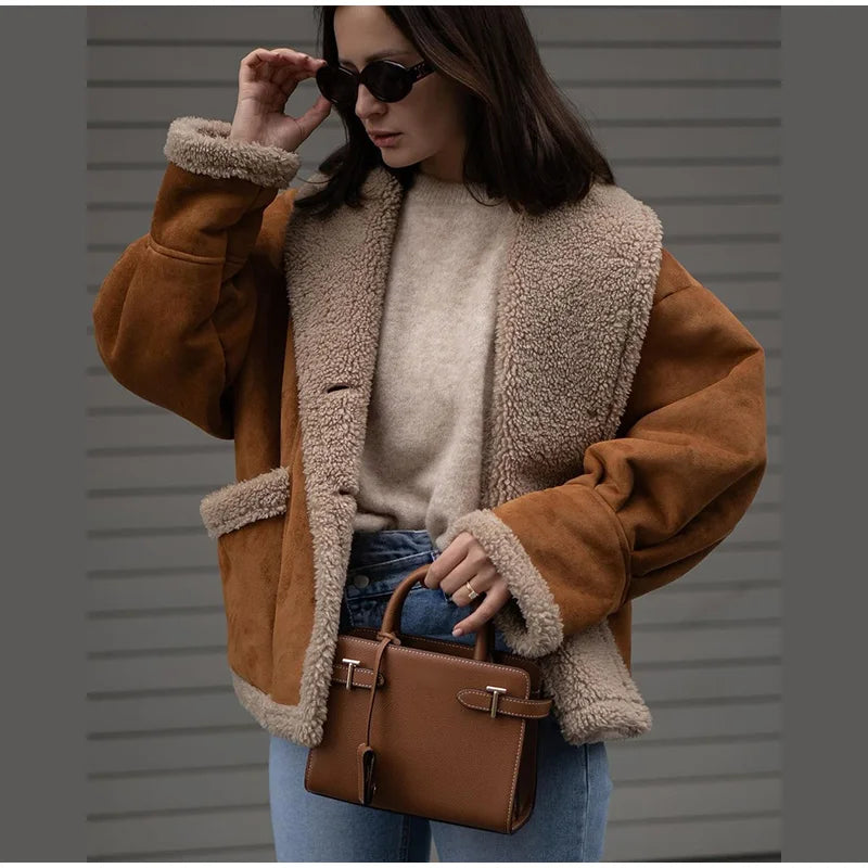 Women Chic Lapel Lamb Wool Patchwork Coat Casual Button With Pocket Thickened Jacket 2024 Autumn Winter New Lady Retro Outerwear