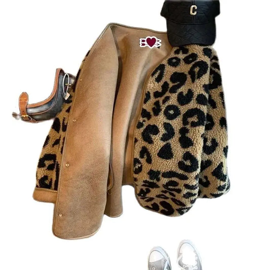 Autumn Winter Short Lmitation Fur Coat Women 2024 New Fashion Loose Casual Jacket Leopard Print Button Outerwear Female