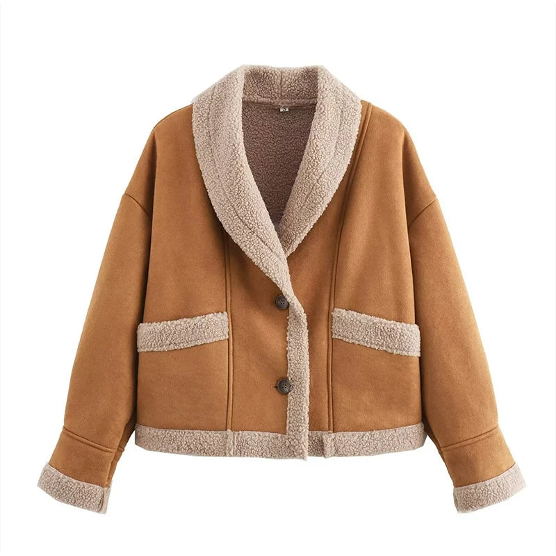 Women Chic Lapel Lamb Wool Patchwork Coat Casual Button With Pocket Thickened Jacket 2024 Autumn Winter New Lady Retro Outerwear