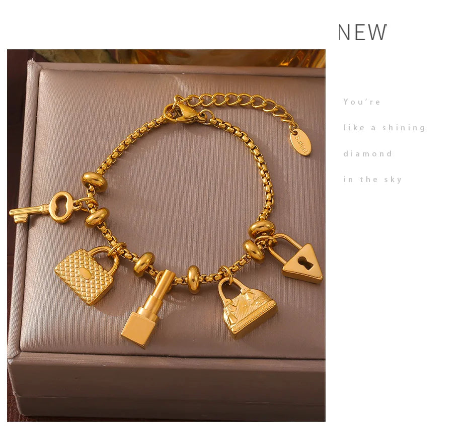 316L Stainless Steel Bracelets With Various Pendants For Women 18K Gold Plated Waterproof No Tarnish Women's Statement Bracelet