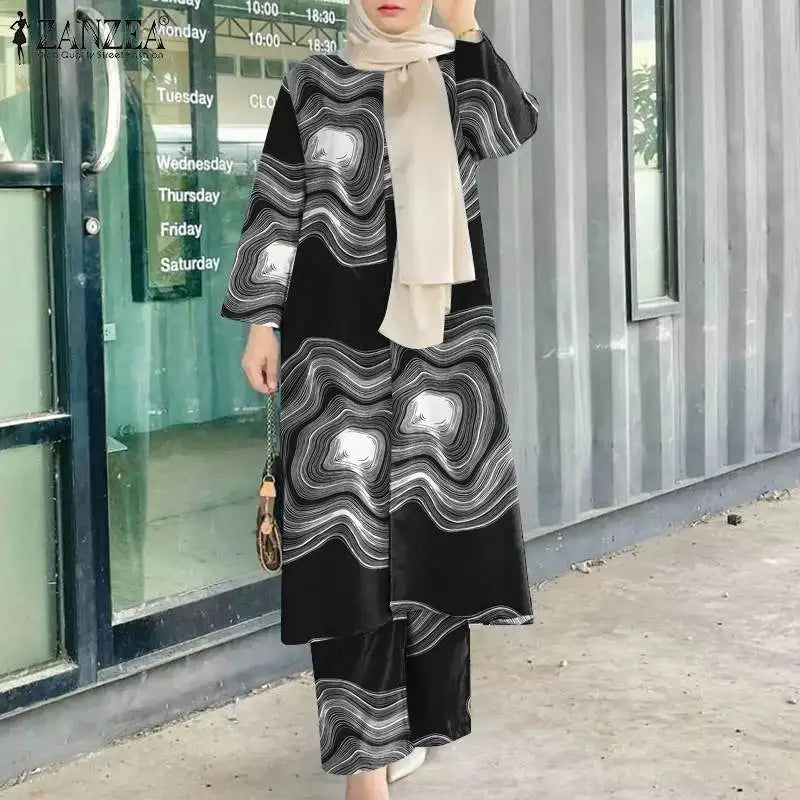 2023 Autumn Tracksuits Fashion Printed Muslim Sets Islamic Outfits ZANZEA Women Long Sleeve Blouse Causal Pants Sets Abaya Suit