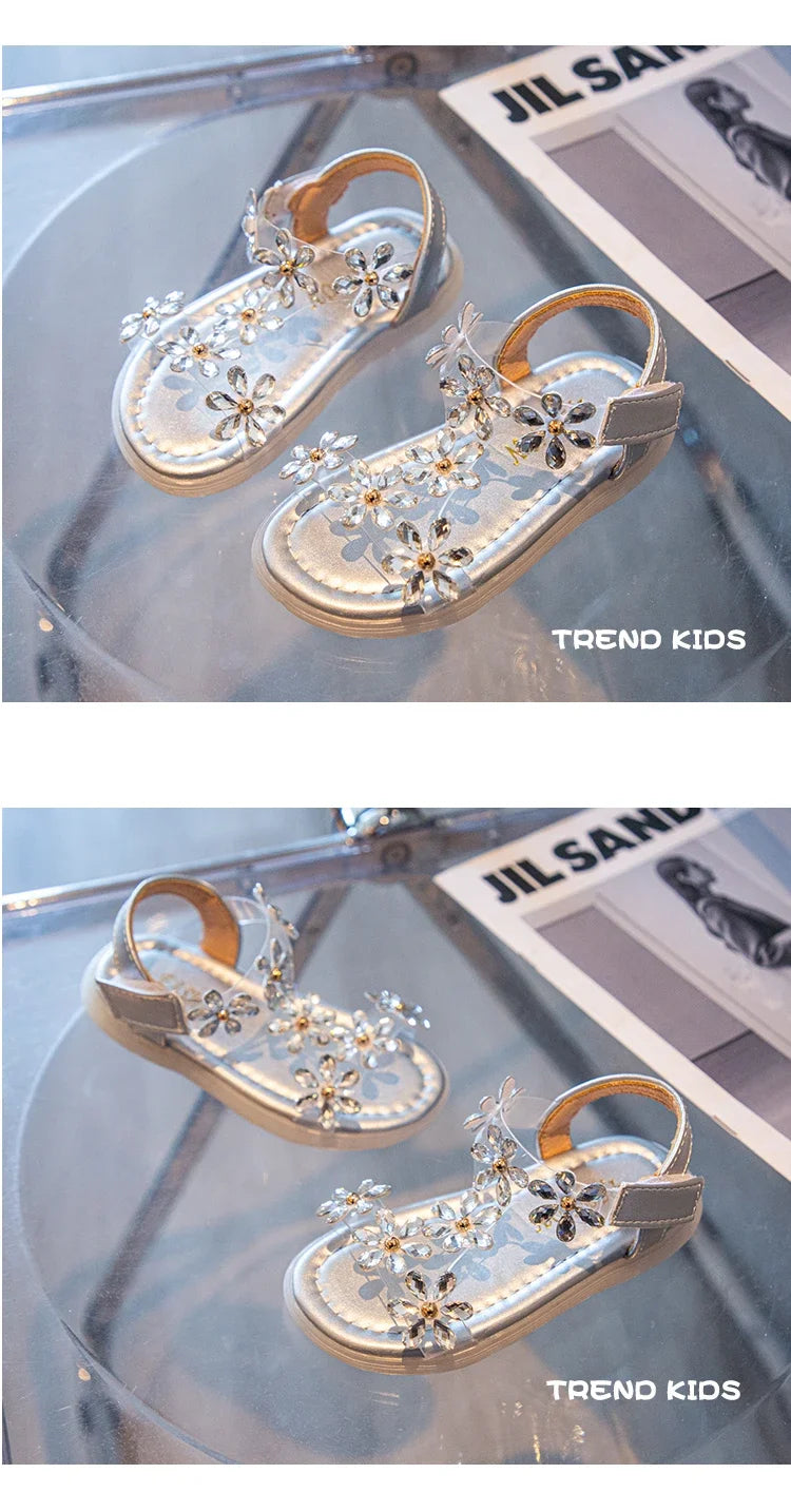 2024 Summer Girls Sandals Flower Crystal Princess Shoes Kids Fashion Rhinestone Beach Shoes Children Anti-slip Ankle Strap Shoes