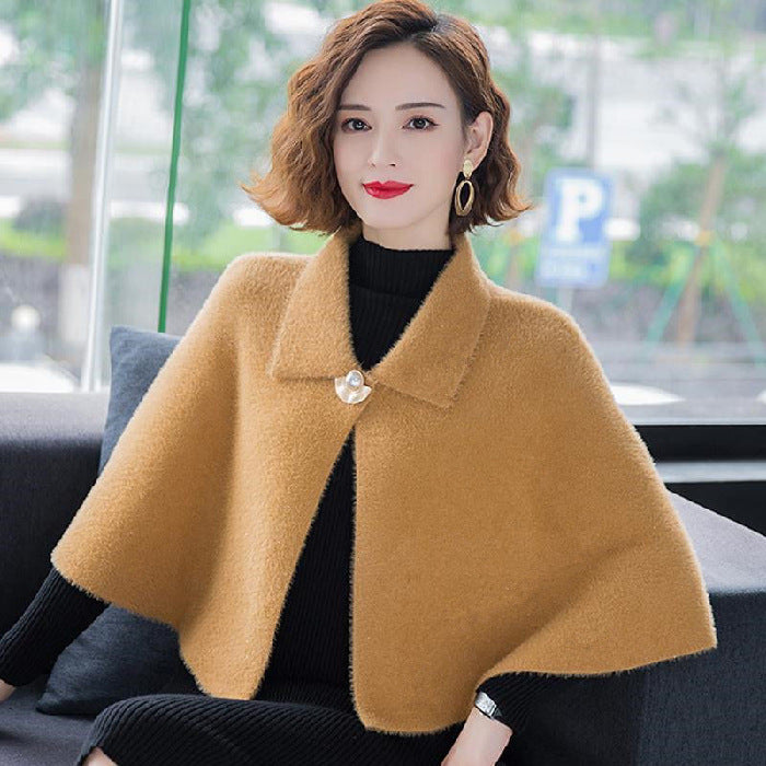 Women Cape Outerwear Cloak Style Solid Color Lapel 3/4 Sleeve Cardigan Shawl Winter Woolen Coat For Party