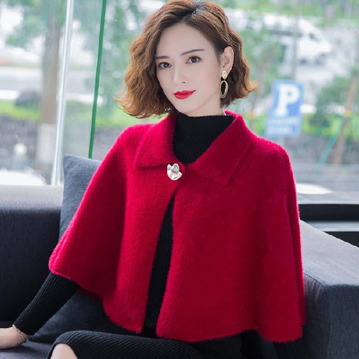 Women Cape Outerwear Cloak Style Solid Color Lapel 3/4 Sleeve Cardigan Shawl Winter Woolen Coat For Party