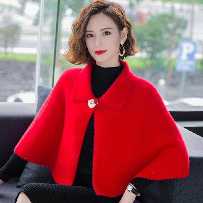 Women Cape Outerwear Cloak Style Solid Color Lapel 3/4 Sleeve Cardigan Shawl Winter Woolen Coat For Party