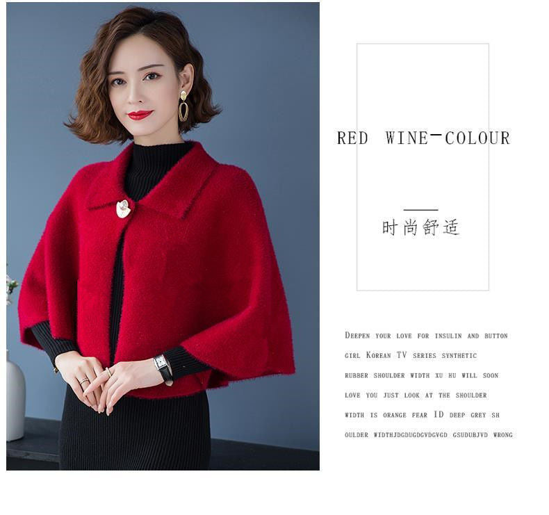 Women Cape Outerwear Cloak Style Solid Color Lapel 3/4 Sleeve Cardigan Shawl Winter Woolen Coat For Party